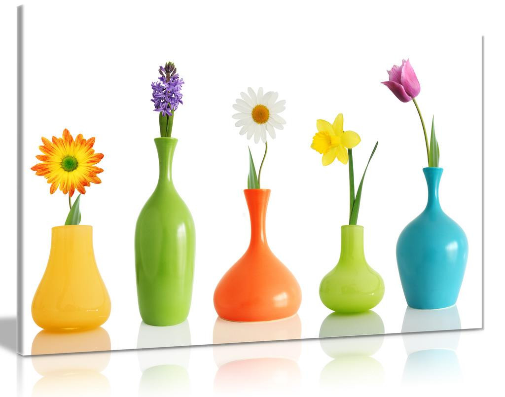 Fresh Look Spring Colorful Flowers In Vases On White  Canvas Wall Art Picture Print