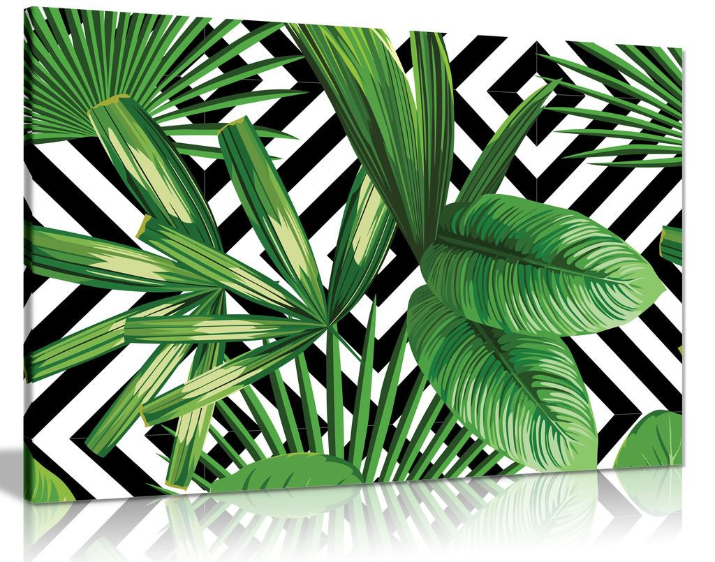 Exotic Jungle Leaves Black & White Geometric Botanical Canvas Wall Art Picture Print