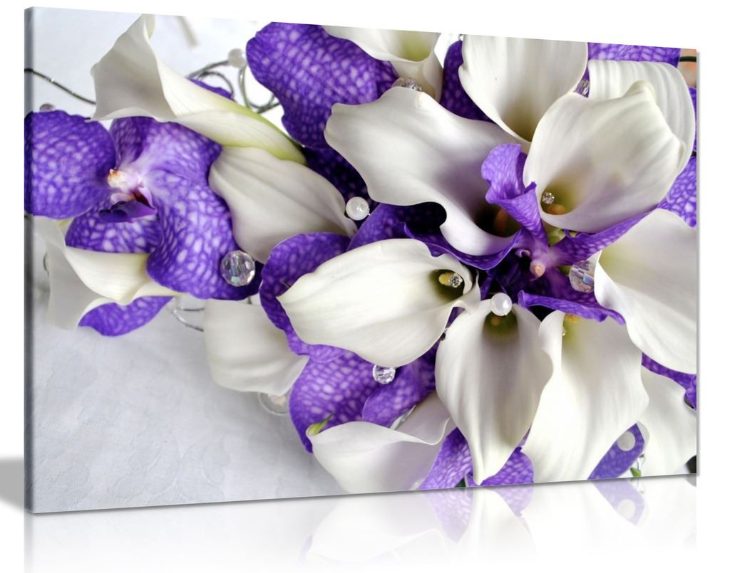 Bunch Of Flowers In White And Dark Purple Canvas Wall Art Picture Print