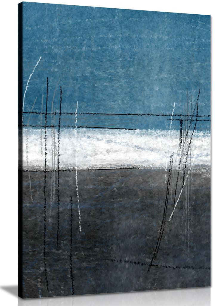 Blue White Stripe Grey Abstract Canvas Wall Art Picture Print