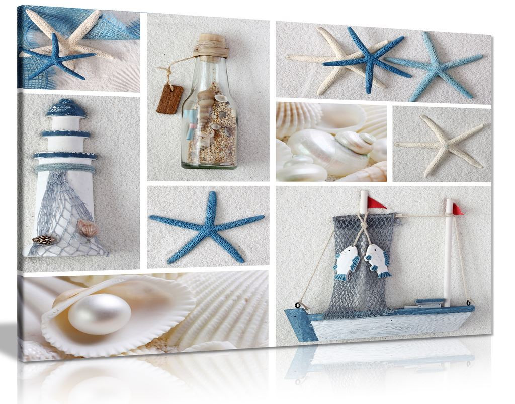 Blue Sand Beach Sea Shells Bathroom Canvas Wall Art Picture Print