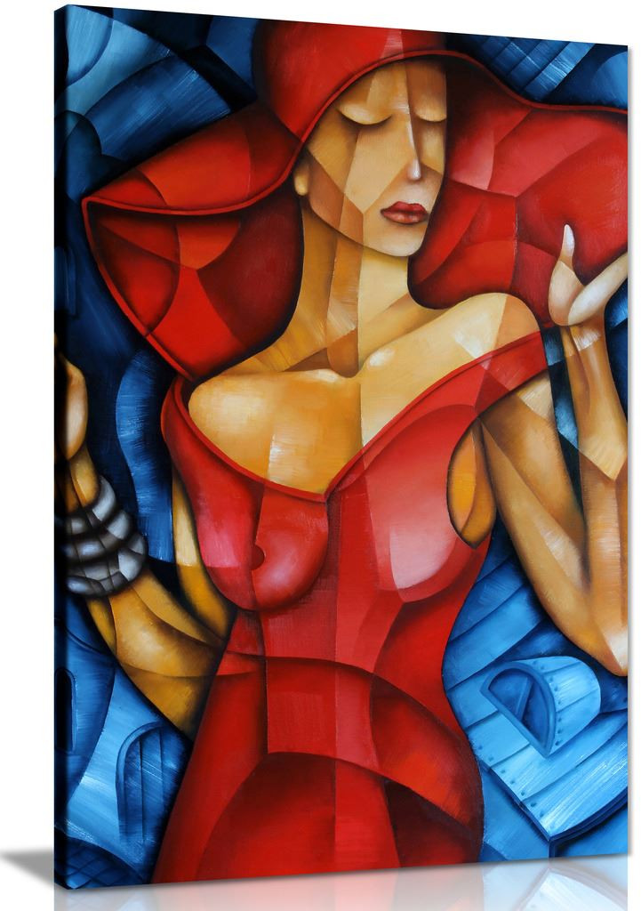 Blue Red Elegant Woman Cubsim Modern Canvas Wall Art Picture Print