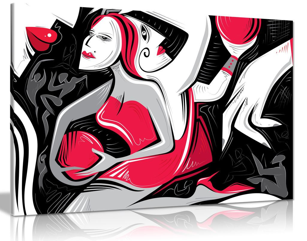 Black White Red Woman Abstract Cubsim Canvas Wall Art Picture Print