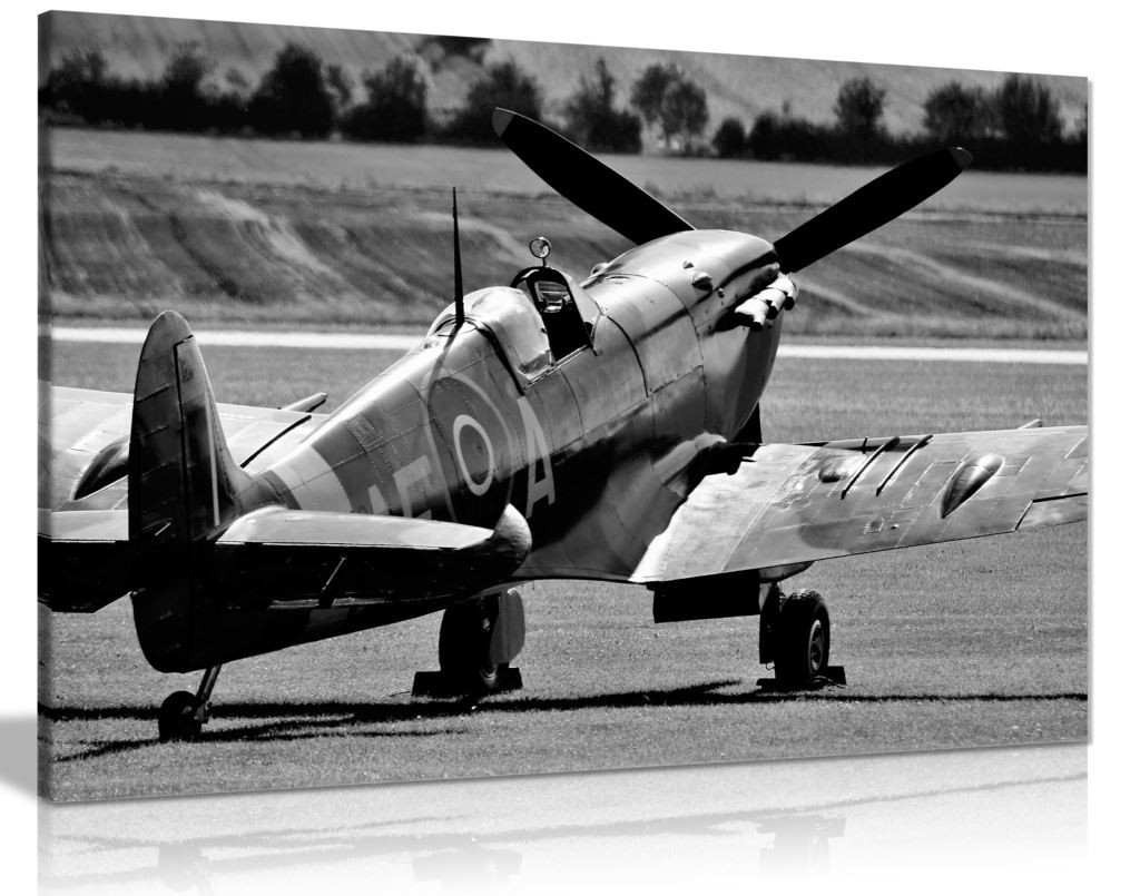 Black White Raf Spitfire Aircraft Canvas Wall Art Picture Print