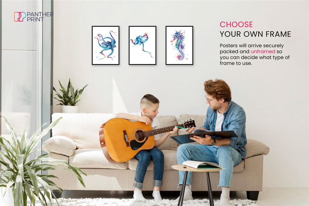 Bedroom Living Room Set of 3 A4 Posters Octopus, Seahorse, & Stingray