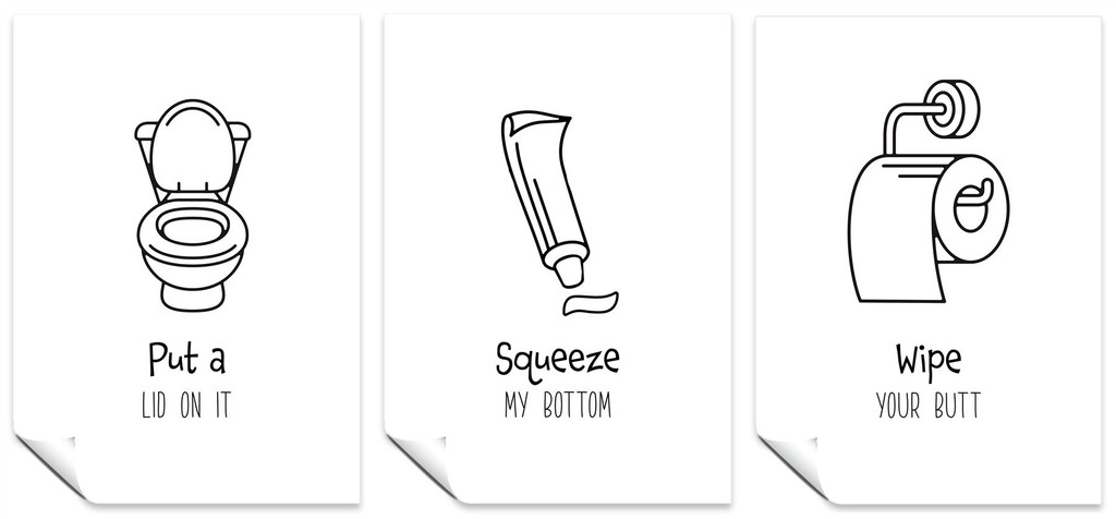 Bathroom Set of 3 A3 Posters Put a Lid On It, Squeeze My Bottom, & Wipe Your Butt