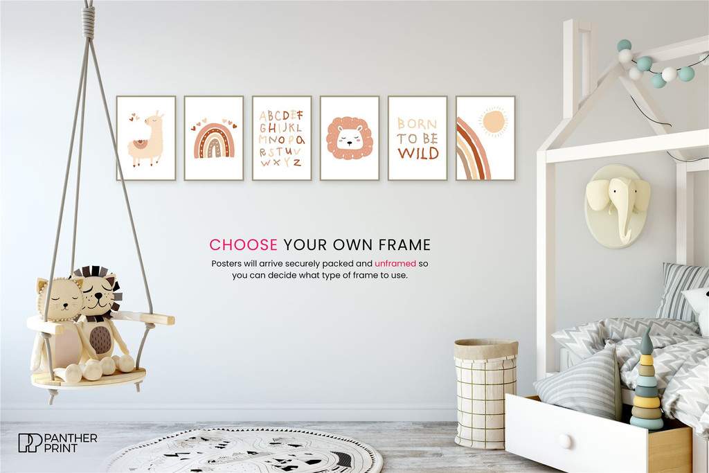 Playroom Set of 6 A3 Posters Brown Alphabet Sticks, Born to be Wild, Rainbow & Sun, Rainbow Heart, Lama & Lion