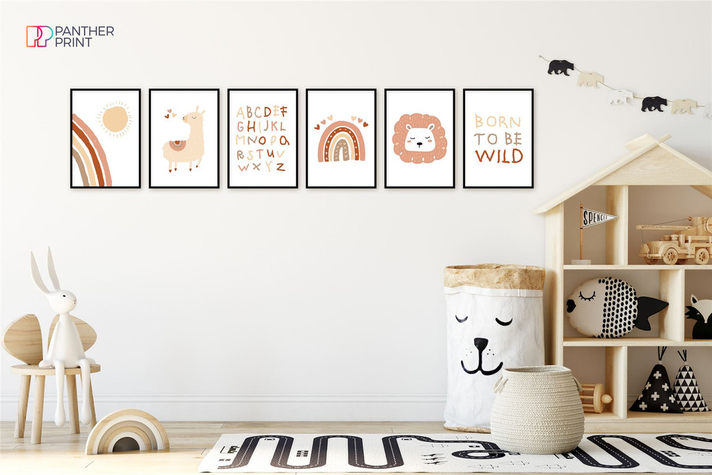Playroom Set of 6 A3 Posters Brown Alphabet Sticks, Born to be Wild, Rainbow & Sun, Rainbow Heart, Lama & Lion