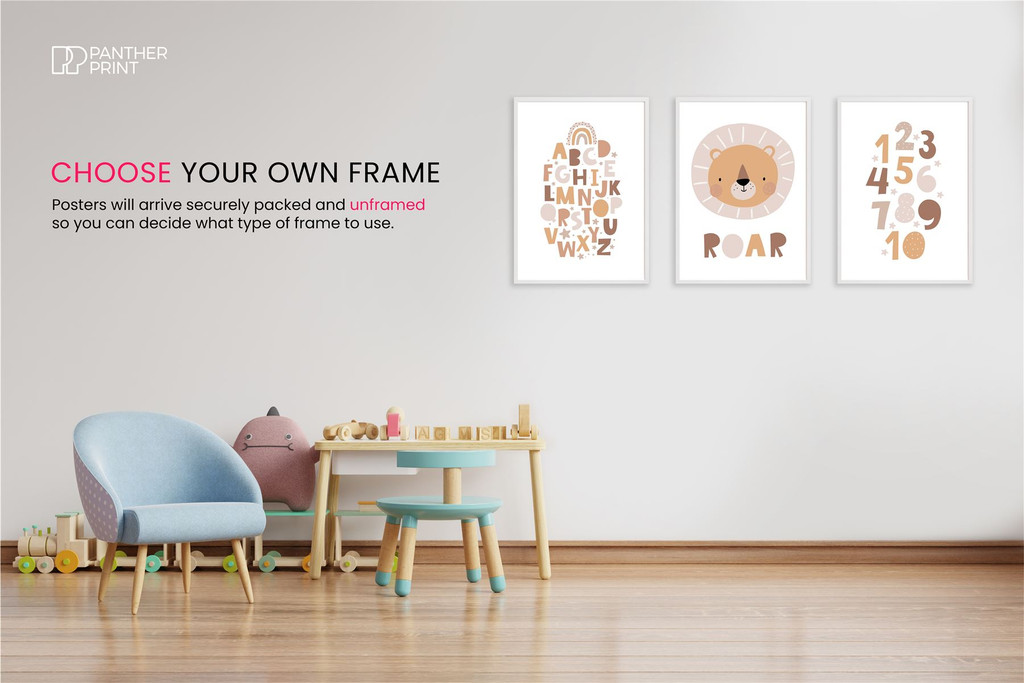 Educational Classroom Wall Poster Set of 3 A4 Brown Alphabet, Numbers 1-10, & Roar