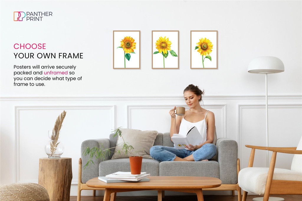 Bed Living Room Set of 3 A4 Posters Sunflower