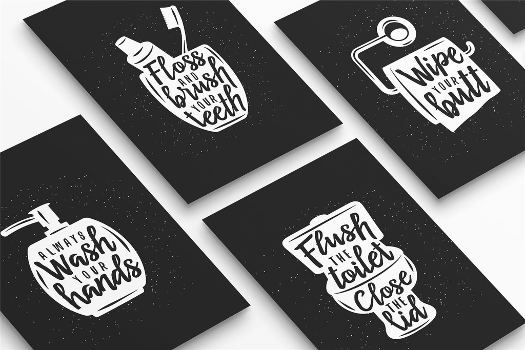 Bathroom Set of 4 A3 Posters Always Wash Your H&s, Floss & Brush Your Teeth, Flush the Toilet & Close the Lid, & Wipe Your Butt