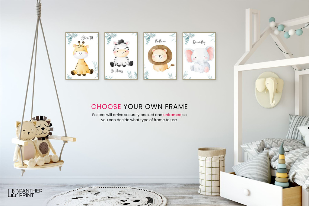 Playroom Set of 4 A3 Posters Safari Elephant, Giraffe, Lion, & Zebra