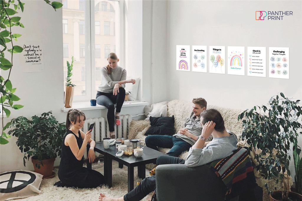 Mental Health Posters Set of 6 A3 A Little Progress Each Day, Box Breathing Technique, Calm Corner, Challenging Negative Thoughts, Check in Yourself, Things to Release