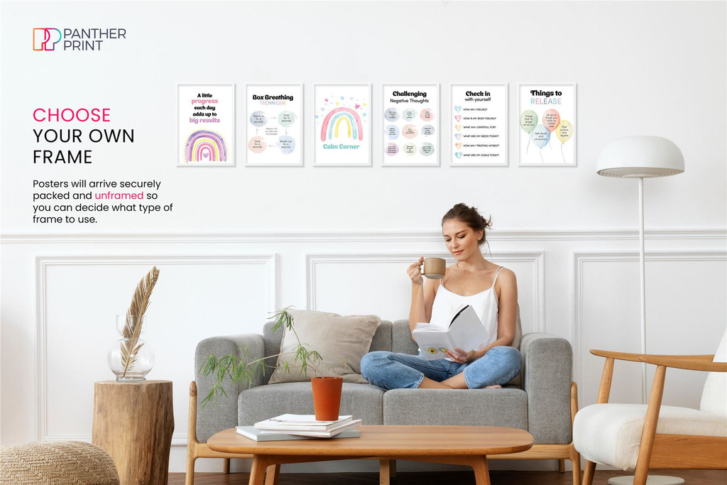 Mental Health Posters Set of 6 A3 A Little Progress Each Day, Box Breathing Technique, Calm Corner, Challenging Negative Thoughts, Check in Yourself, Things to Release