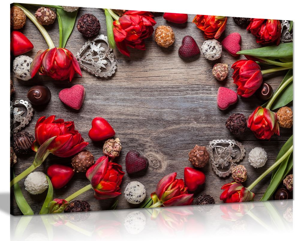 Rustic Red Flowers & Chocolate On Wood Canvas