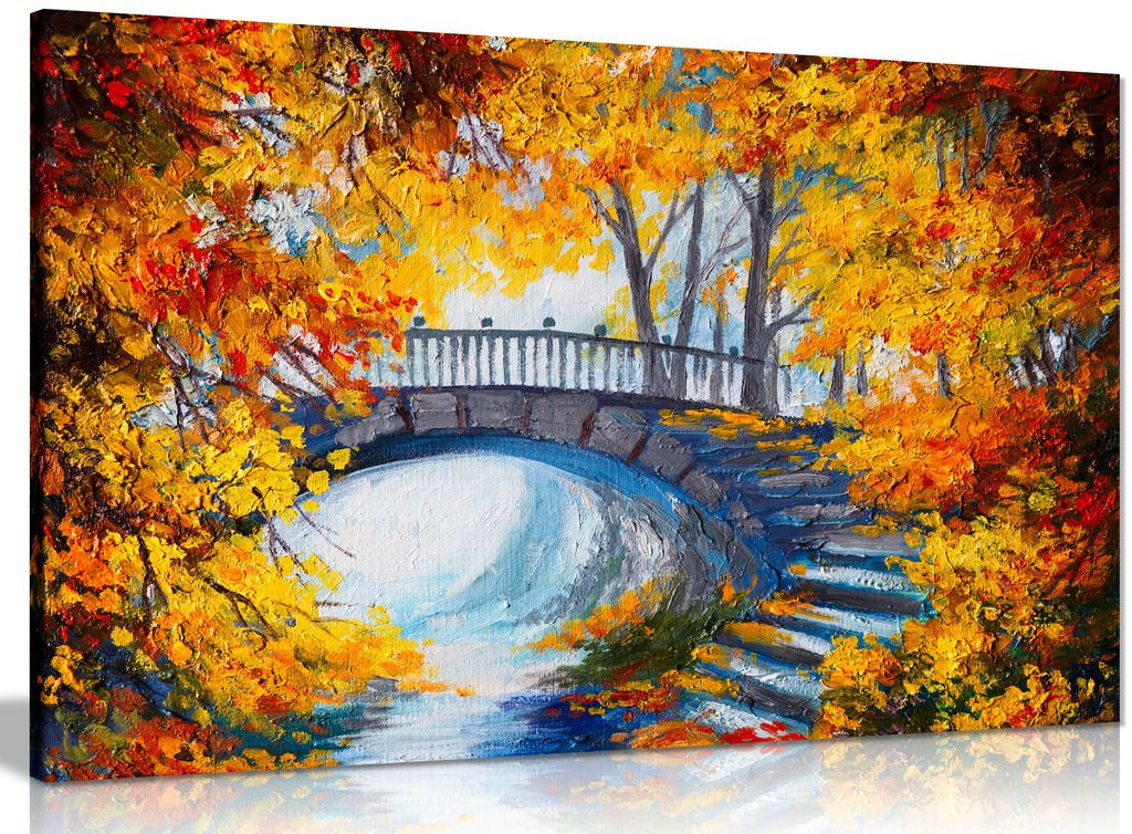 Abstract Oil Painting Autumn Forest Bridge Canvas