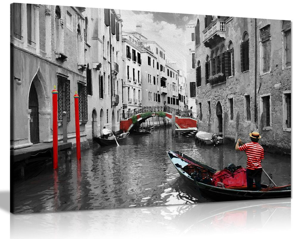 Venice Gondolas Black & White Red Canvas