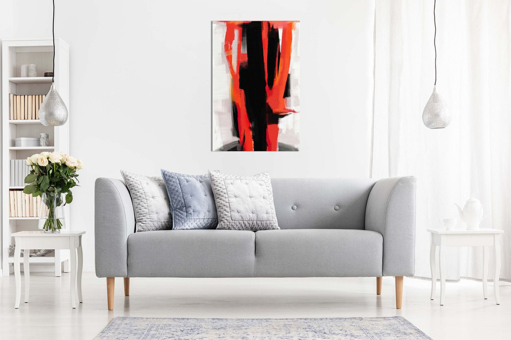 Abstract Expressionist Painting Black White Red Canvas