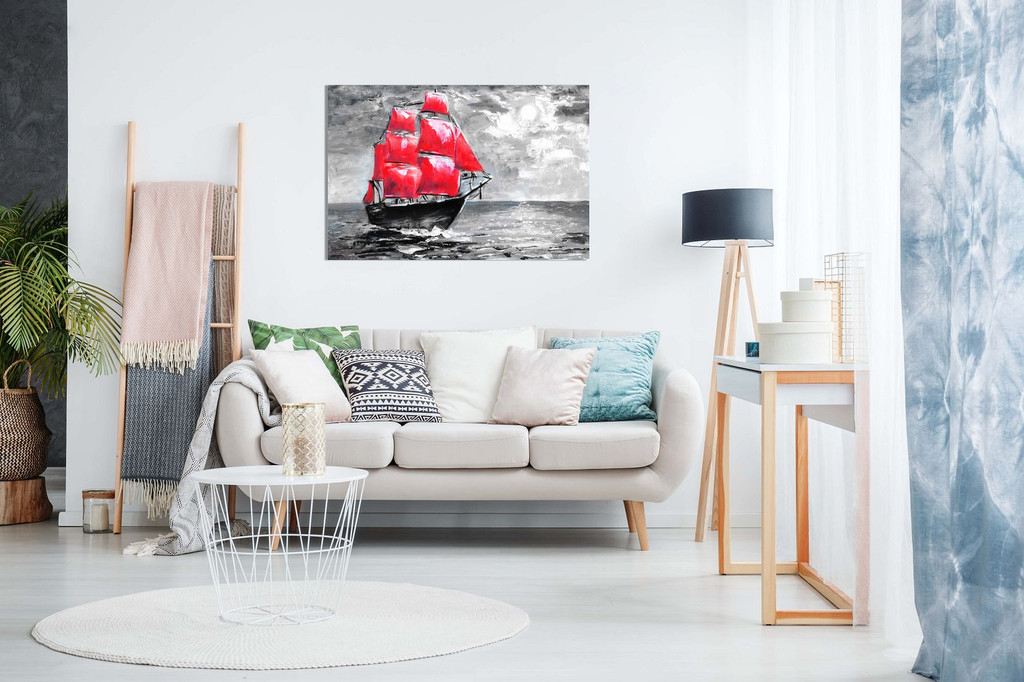 Ship on Ocean Painting Black White Red Canvas