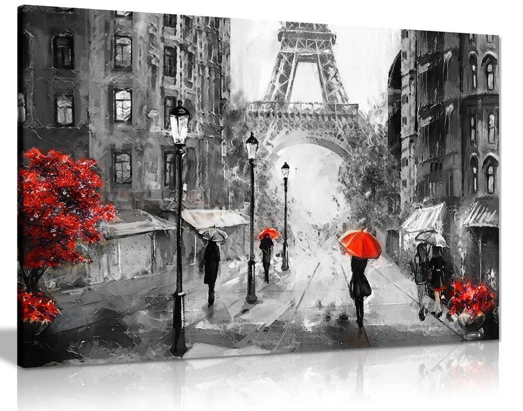 Black White Red Oil Painting Paris Eiffel Tower Street View Canvas