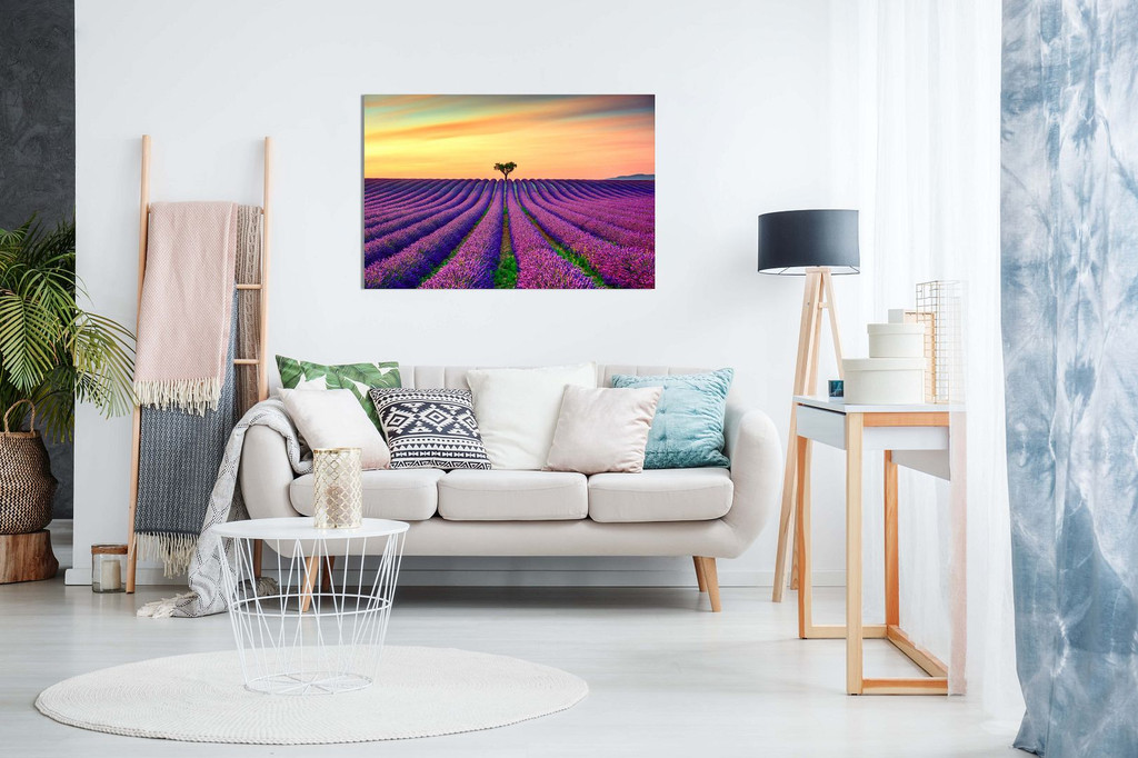 Purple Lavender Field With Orange Sunset Canvas