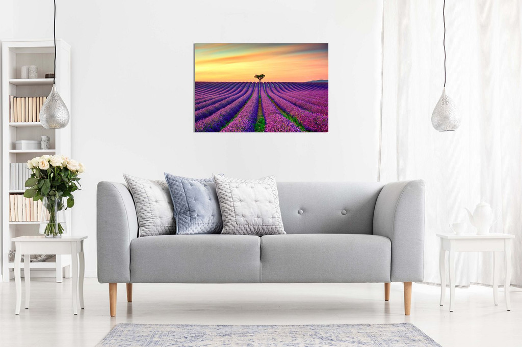 Purple Lavender Field With Orange Sunset Canvas