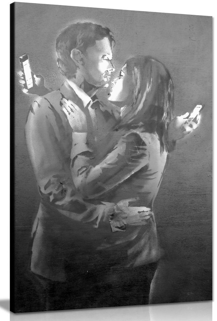 Banksy Mobile Phone Lovers Black & White Canvas