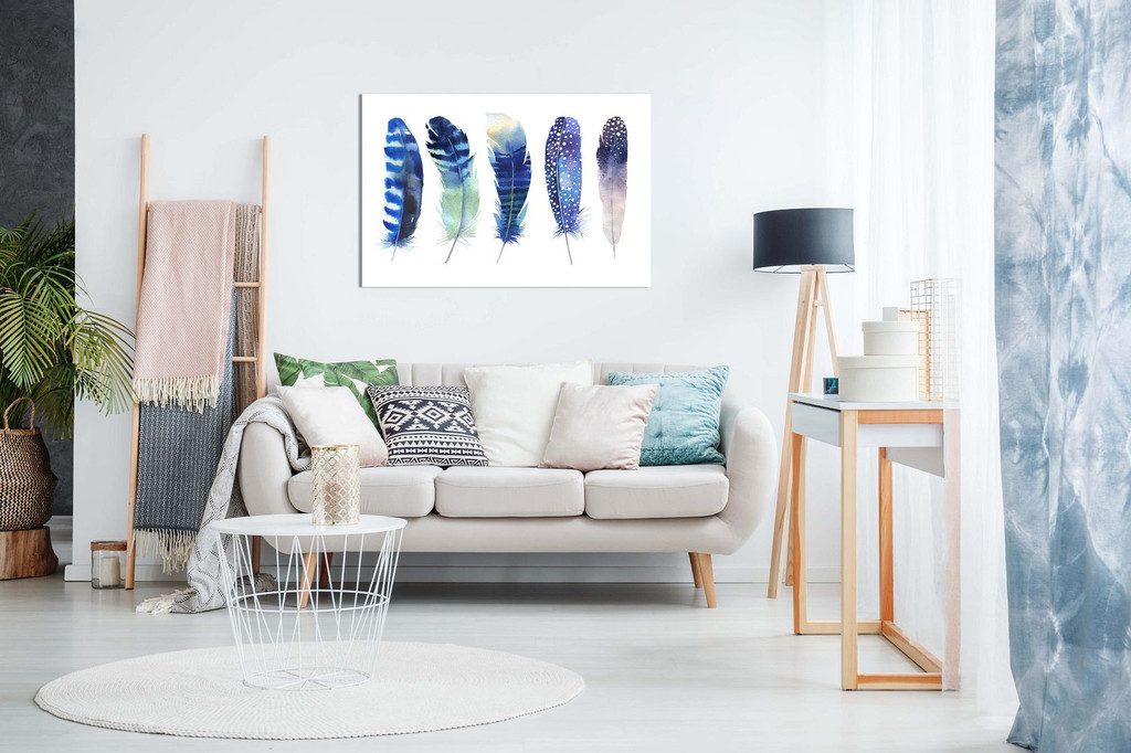 Watercolour Feathers Boho Blue Canvas