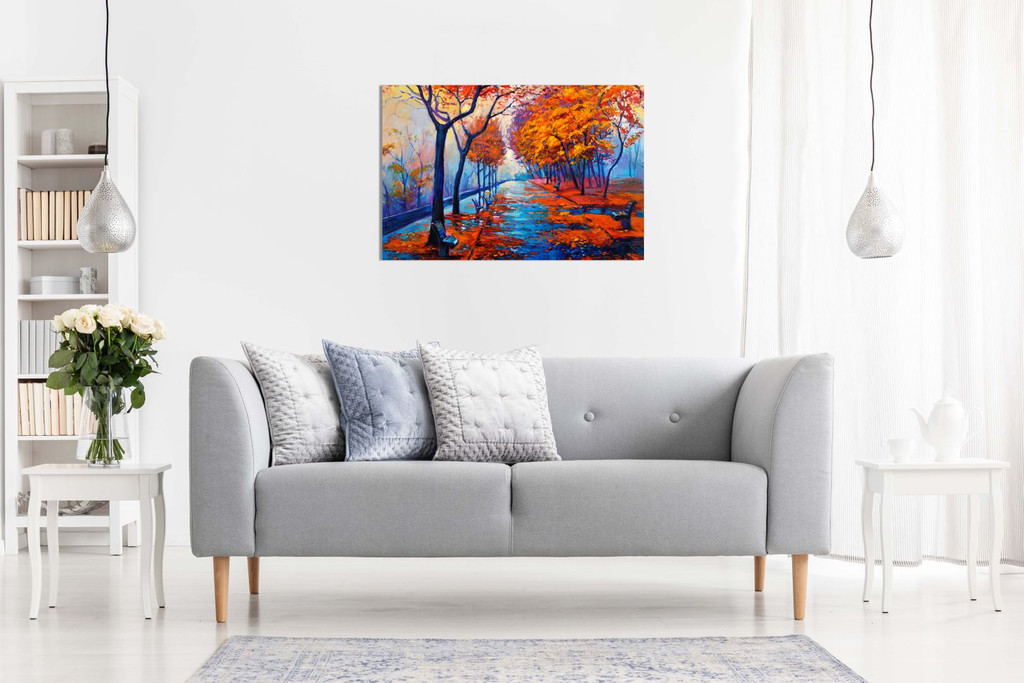Abstract Oil Painting Autumn Park With Empty Benches Canvas