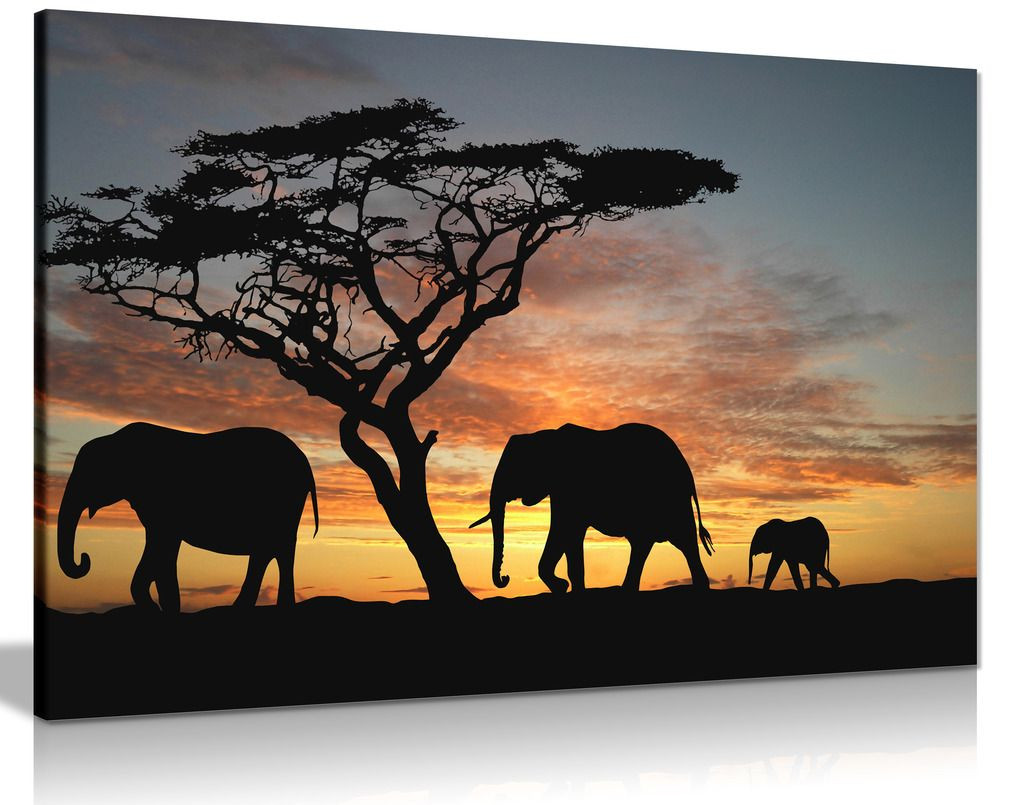 Elephants In The Sunset Africa Landscape Canvas