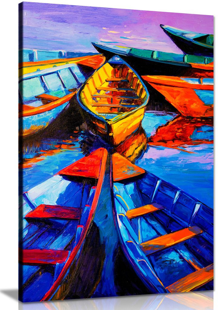 Blue Oil Painting Boats & Sea Modern Canvas