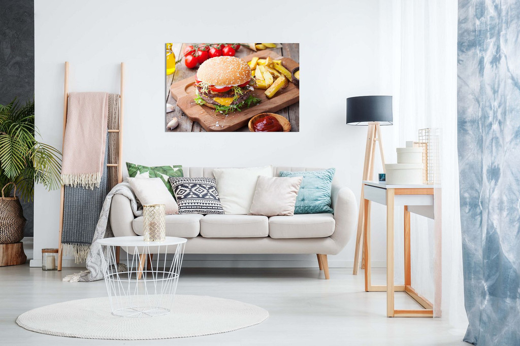 Hamburer Burger Chips On Wood Table Restaurant Food Canvas