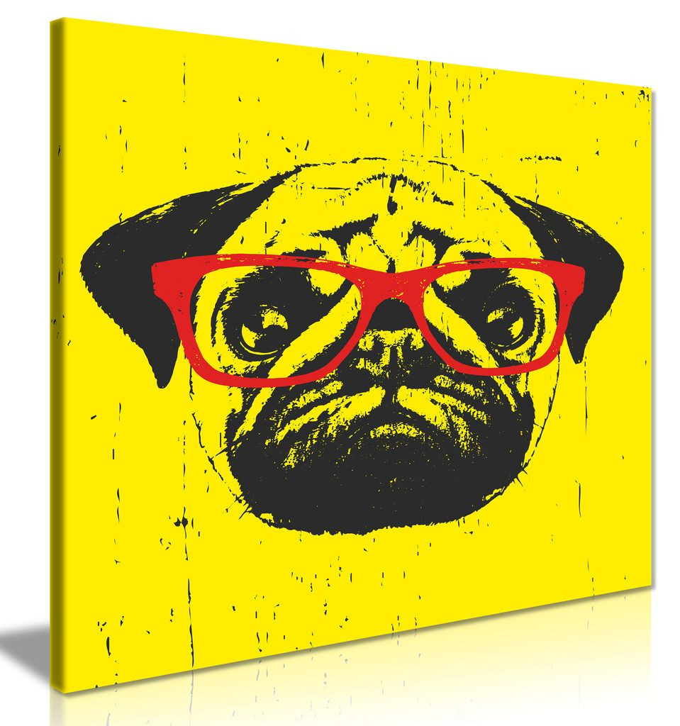 Funny Pug Dog With Glasses Yellow Background Canvas