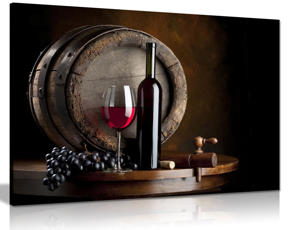 Wine And Fruit With Glass And Barrel For Kitchen Food Canvas Wall Art Picture Print