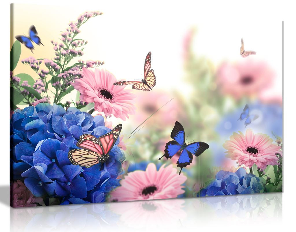 Pink Blue Flowers Butterflies Canvas Wall Art Picture Print