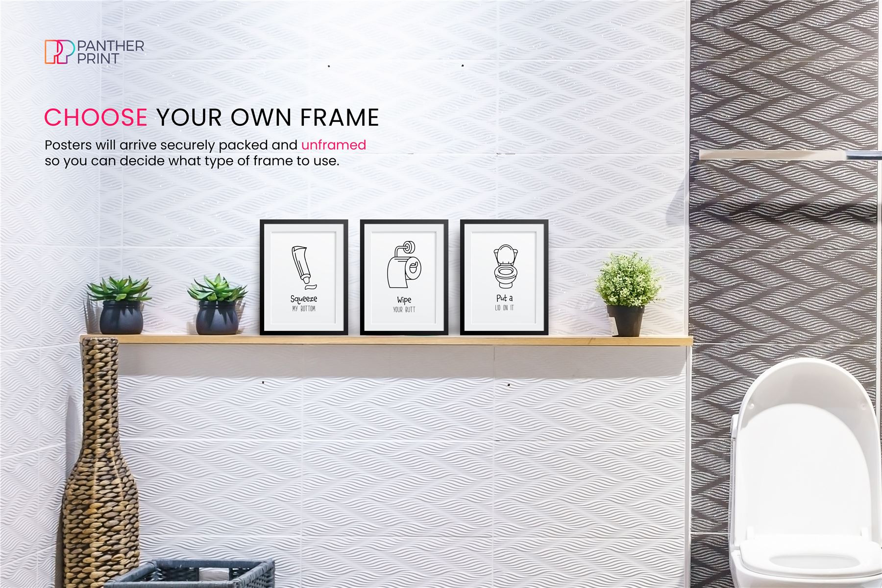 Bathroom Set of 3 A4 Posters Put a Lid On It, Squeeze My Bottom, & Wipe Your Butt