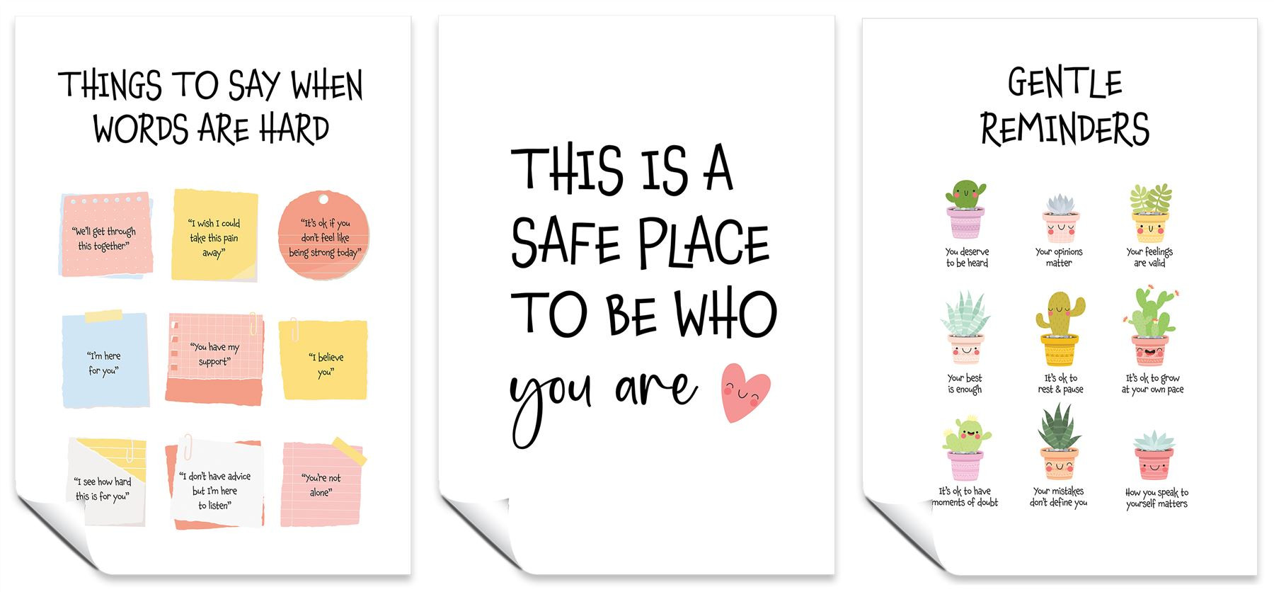 Mental Health Poster Set of 3 A3 Plant Gentle Reminders, Things to Say, This is a Safe Place