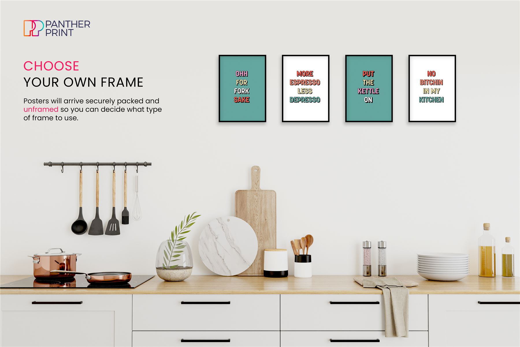 Kitchen Set of 4 A3 Posters More Espresso Less Depresso, No Bitchin in my Kitchen, Oh for Fork Sake, & Put the Kettle On