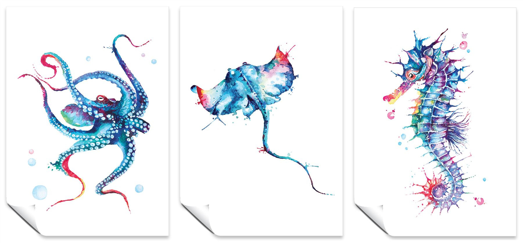 Bedroom Living Room Set of 3 A3 Posters Octopus, Seahorse, & Stingray