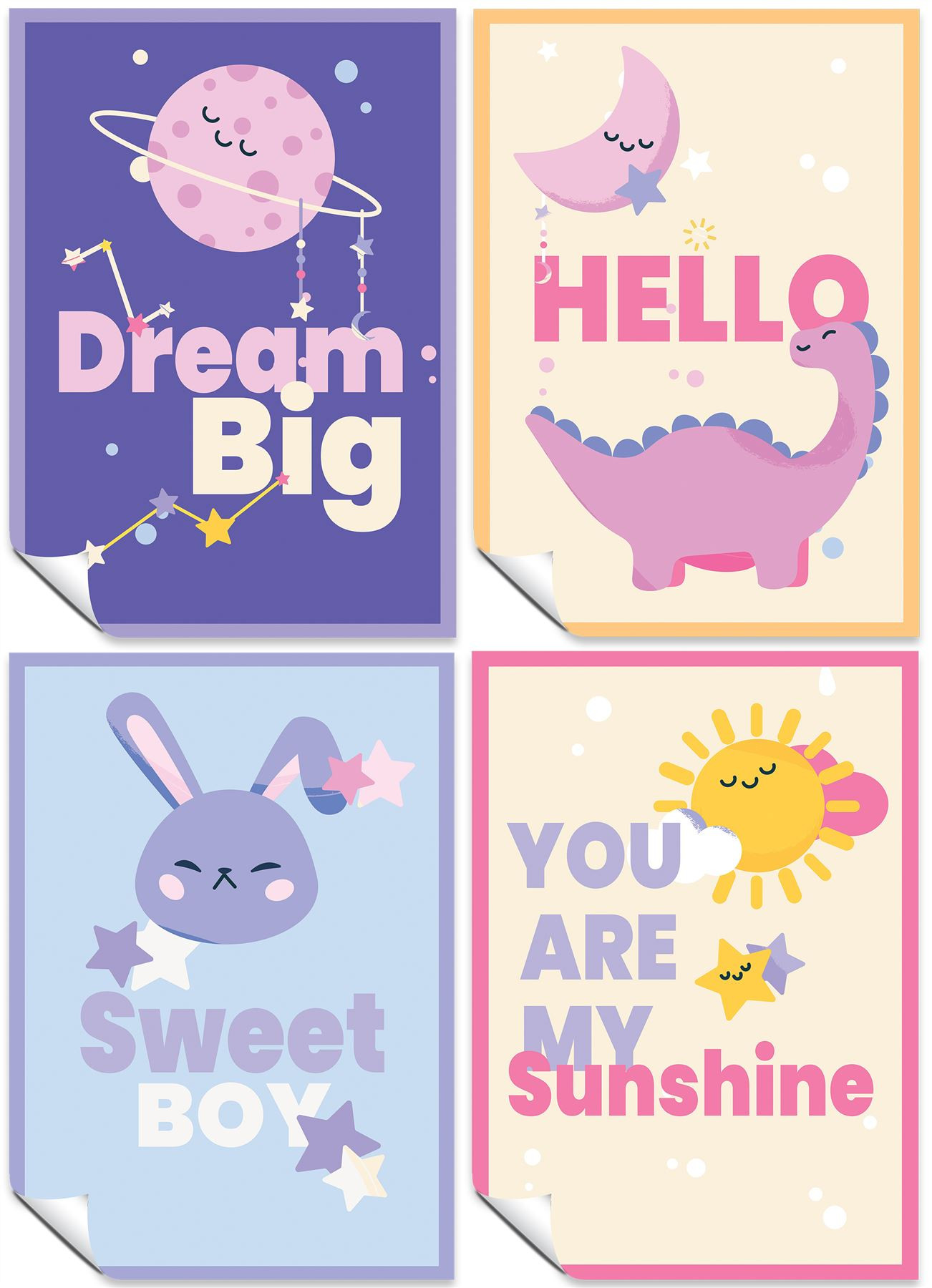 Playroom Set of 4 A3 Posters Dream Big, Hello Dinosaur & Moon, Sweet Boy, & You Are My Sunshine