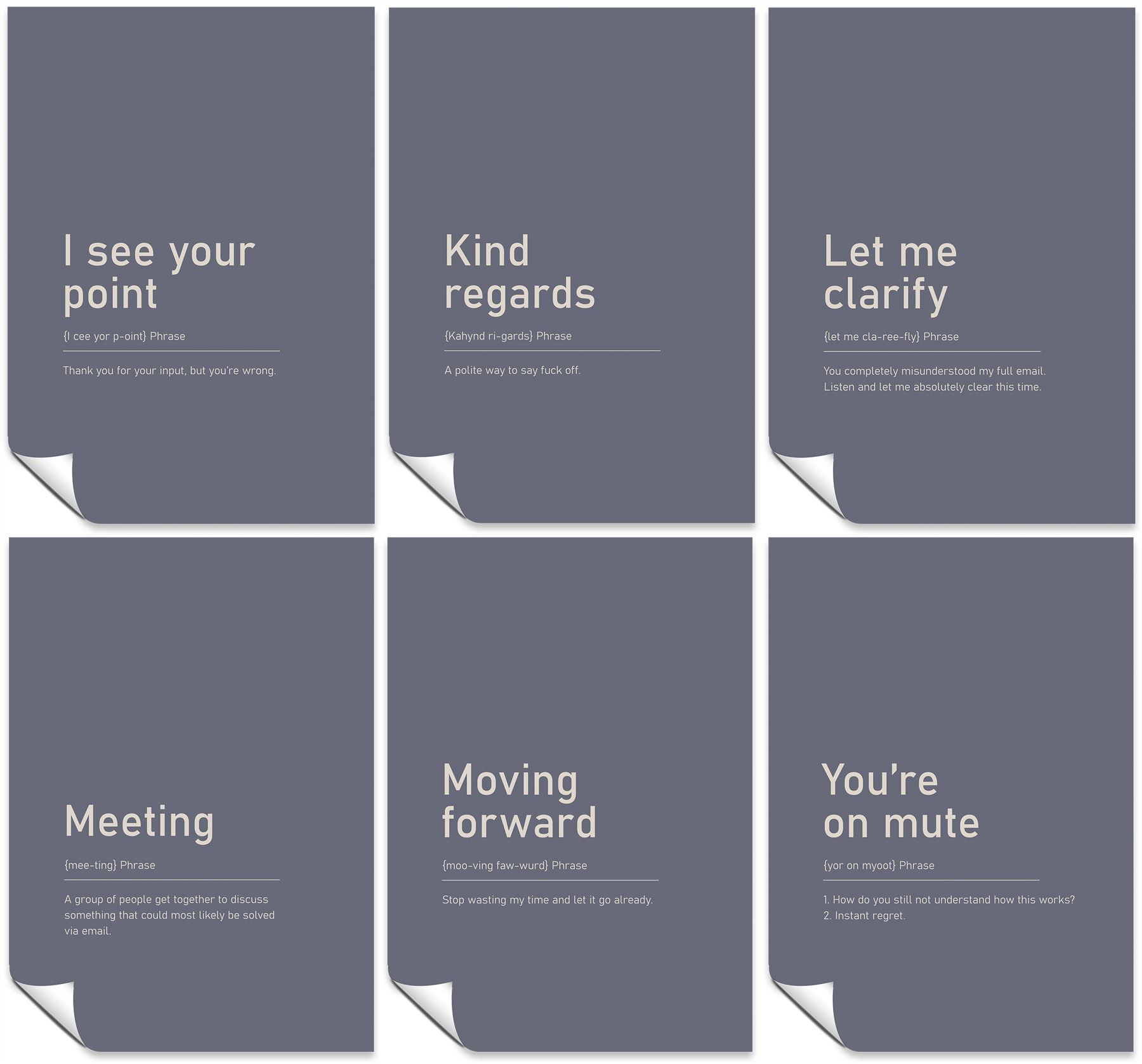 Productivity Set of 6 A3 Posters I See Your Point, Kind Regards, Let Me Clarify, Meeting, Moving Forward, & You're on Mute