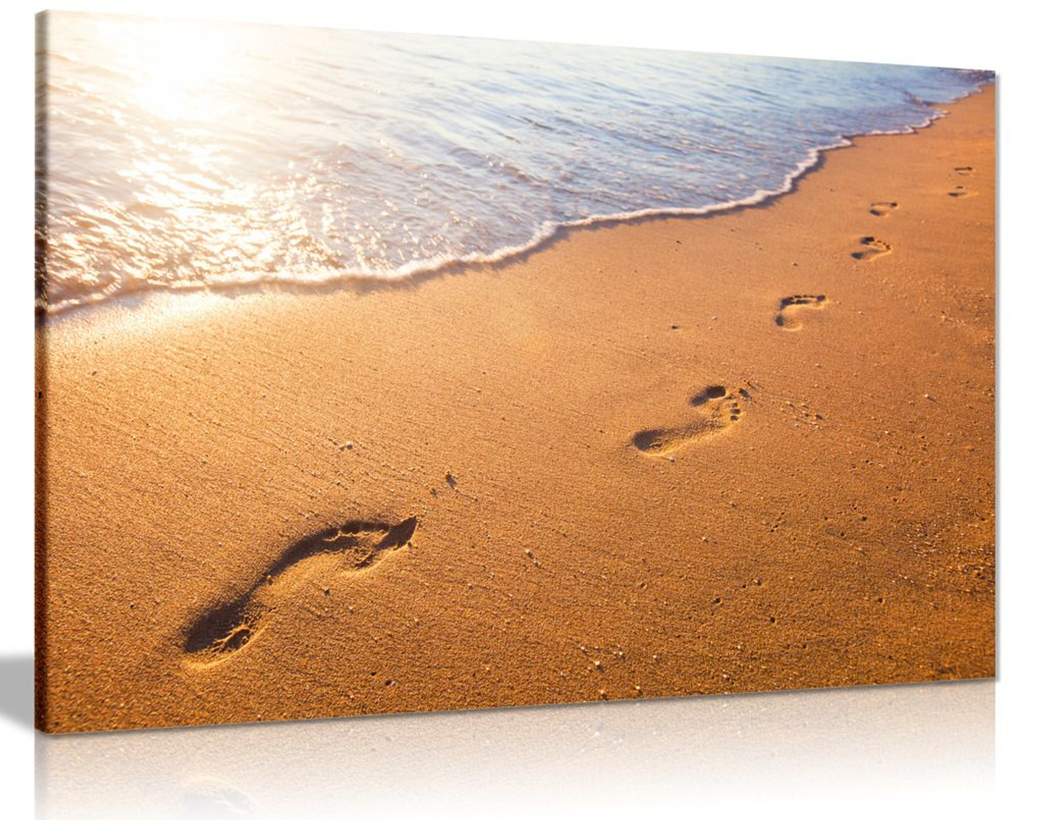 Relaxing Beach, Wave And Footprints At Sunset Canvas