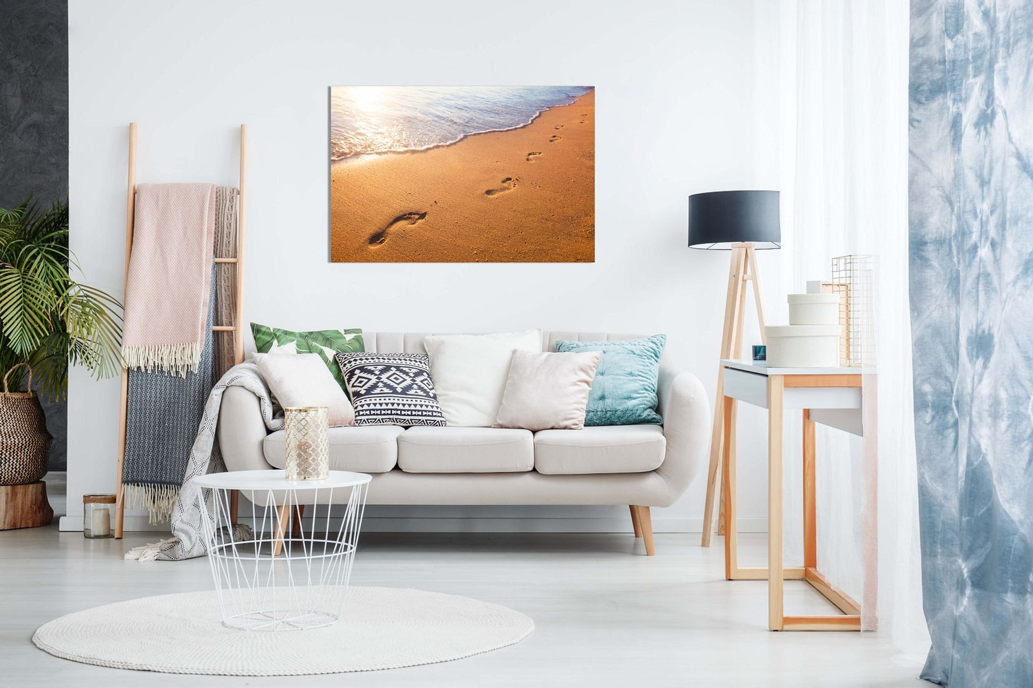 Relaxing Beach, Wave And Footprints At Sunset Canvas