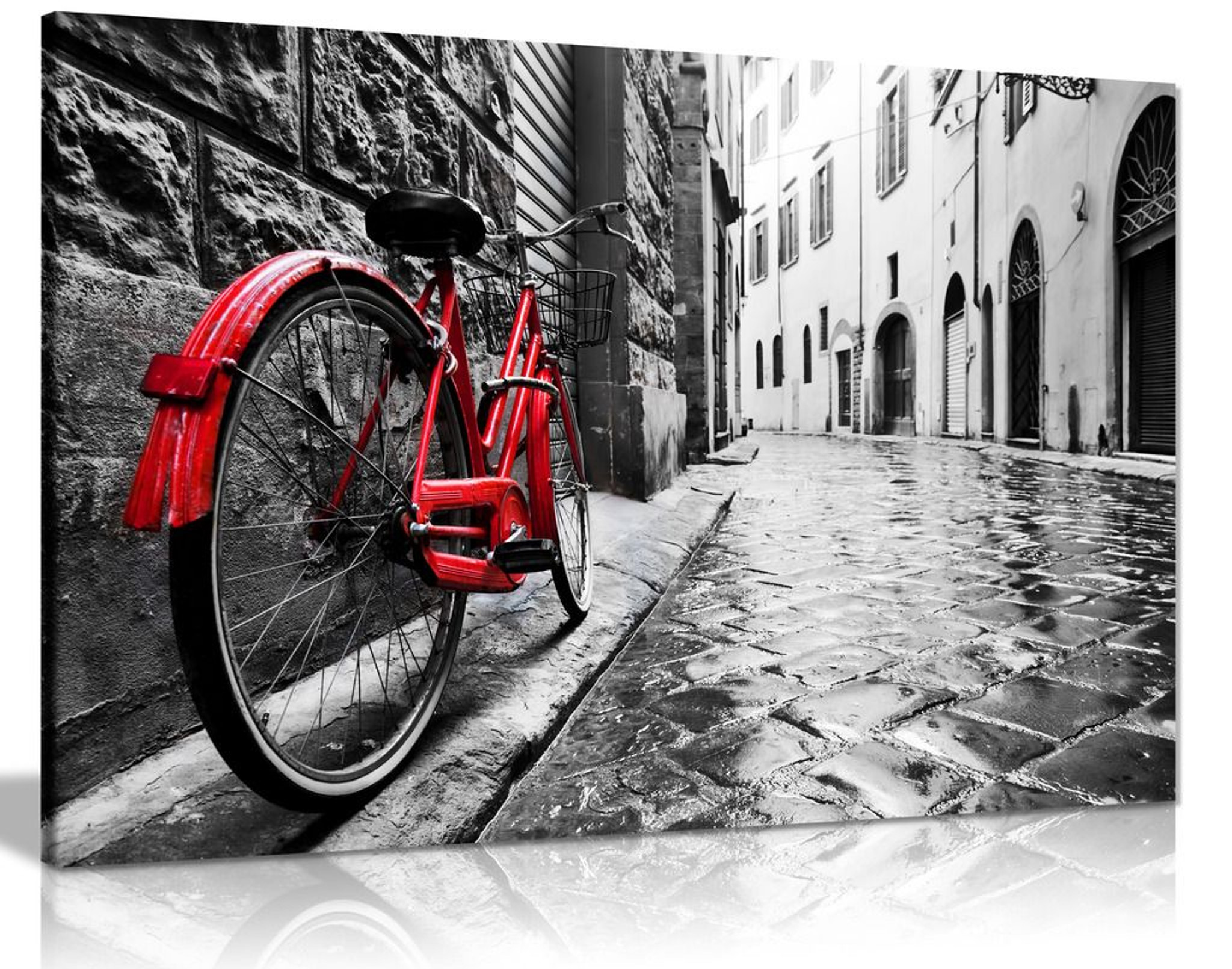 Retro Vintage Red Bike On Cobblestone Street Black & White Canvas