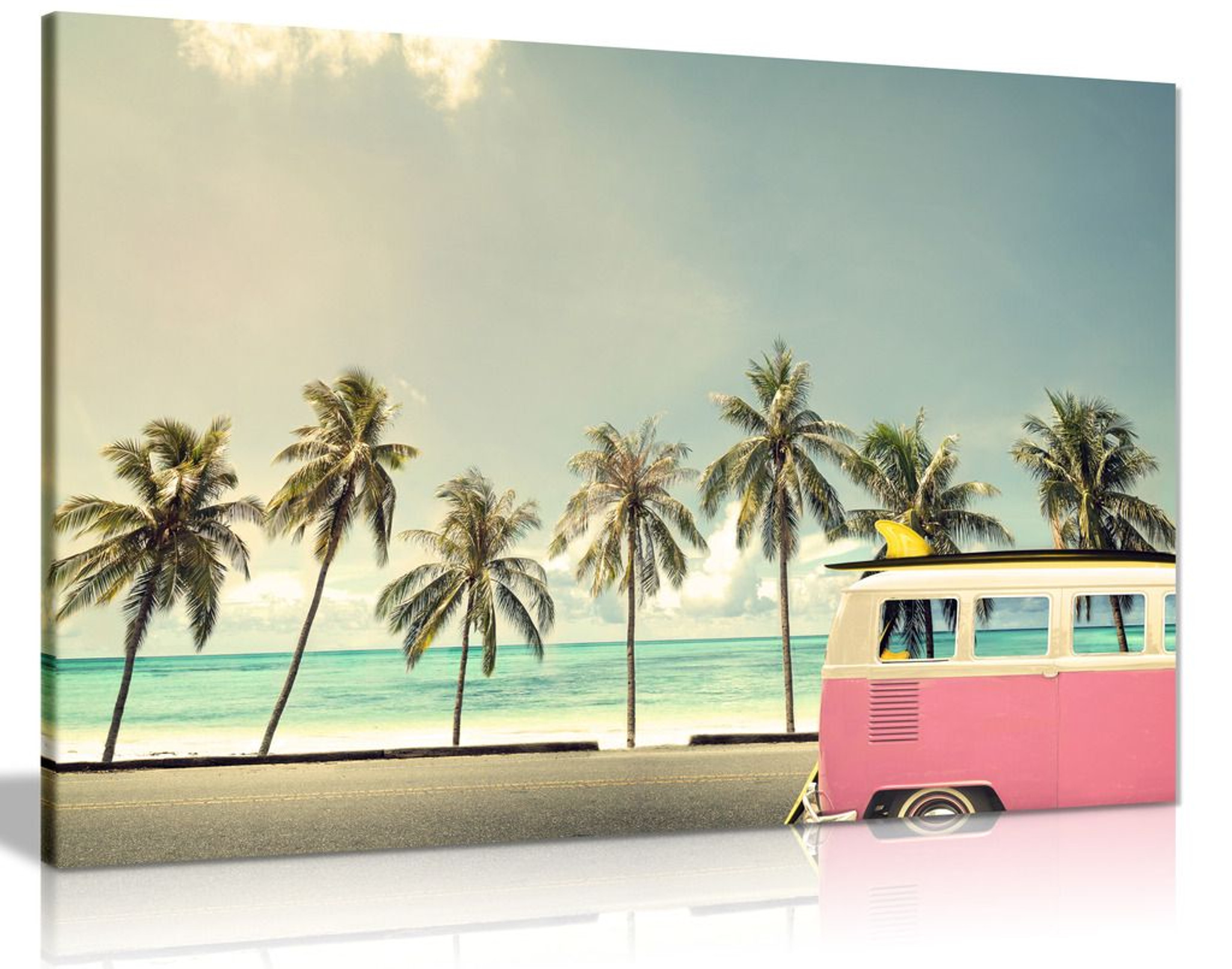 Campervan On Beach With A Surfboard Canvas