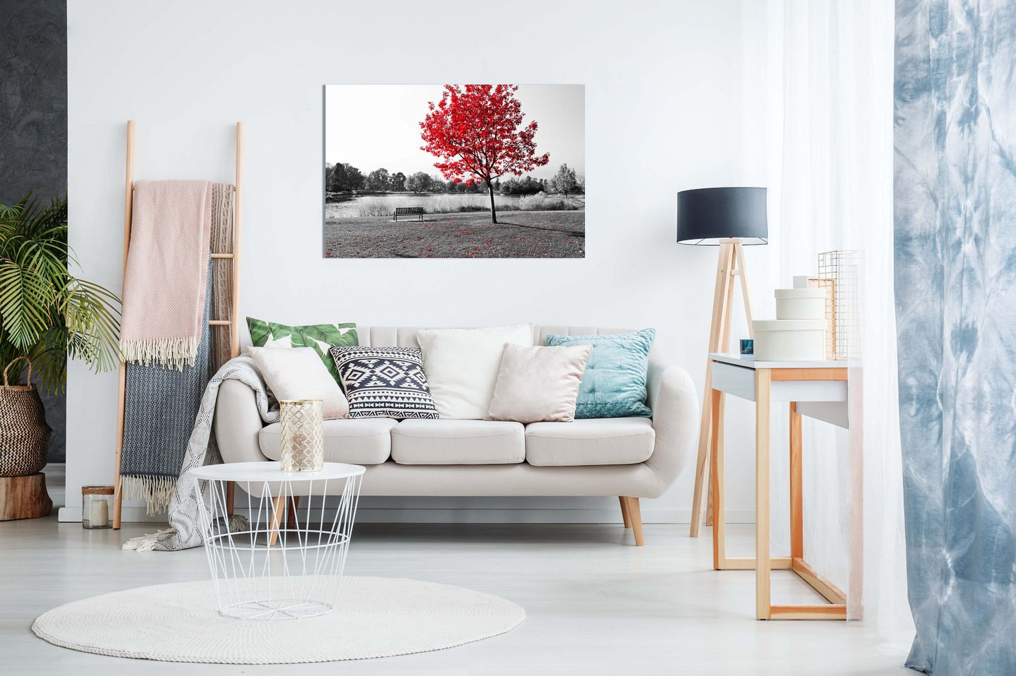 Large Tree Red Leaves Black White Park Bench Nature Canvas