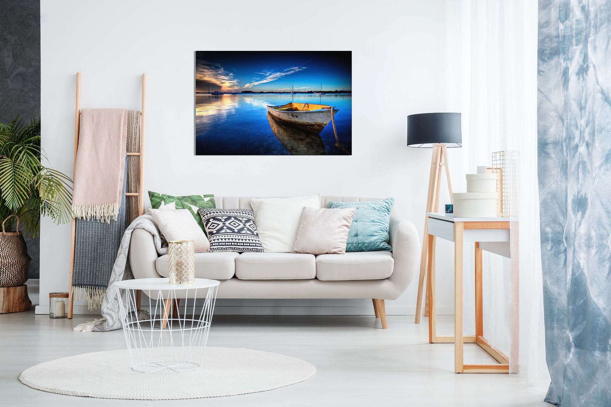 Landscape Blue Boat On Sea & Sky Painting Canvas