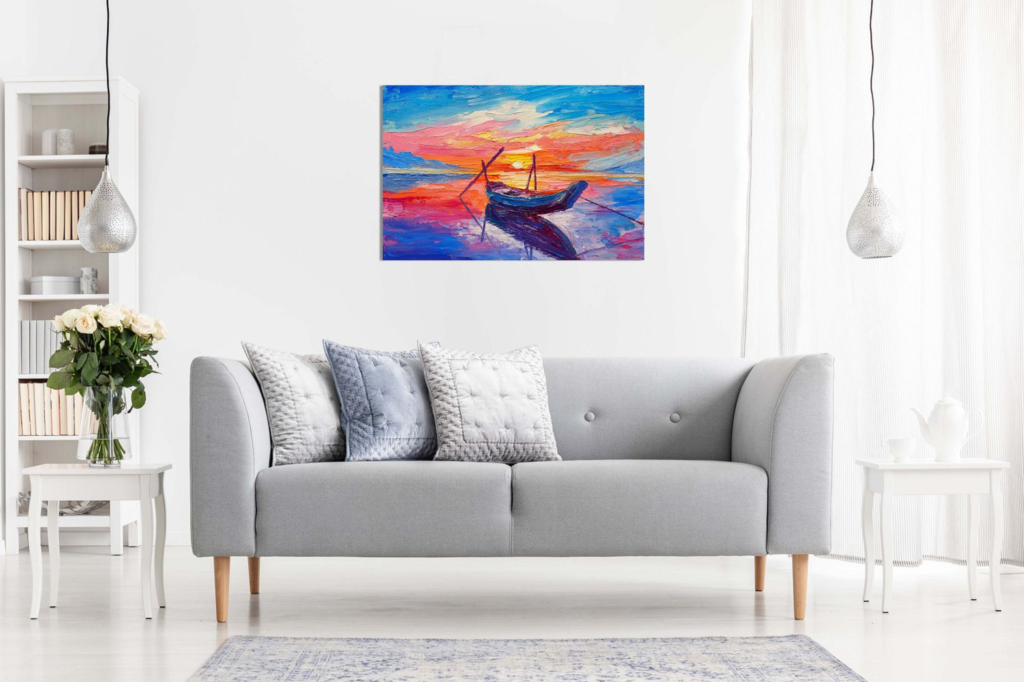 Fishing Boats Sunset Painting Canvas