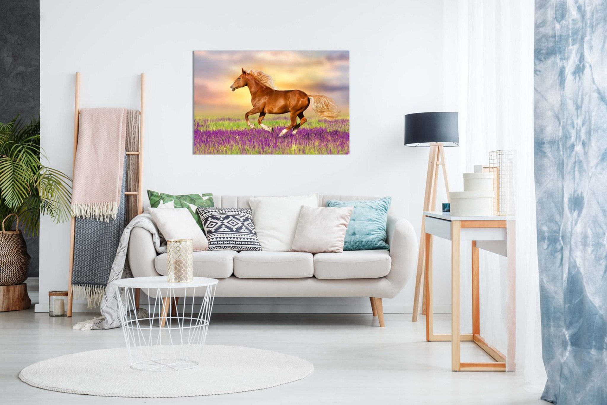 Red Horse Running Through Lavender Field Canvas