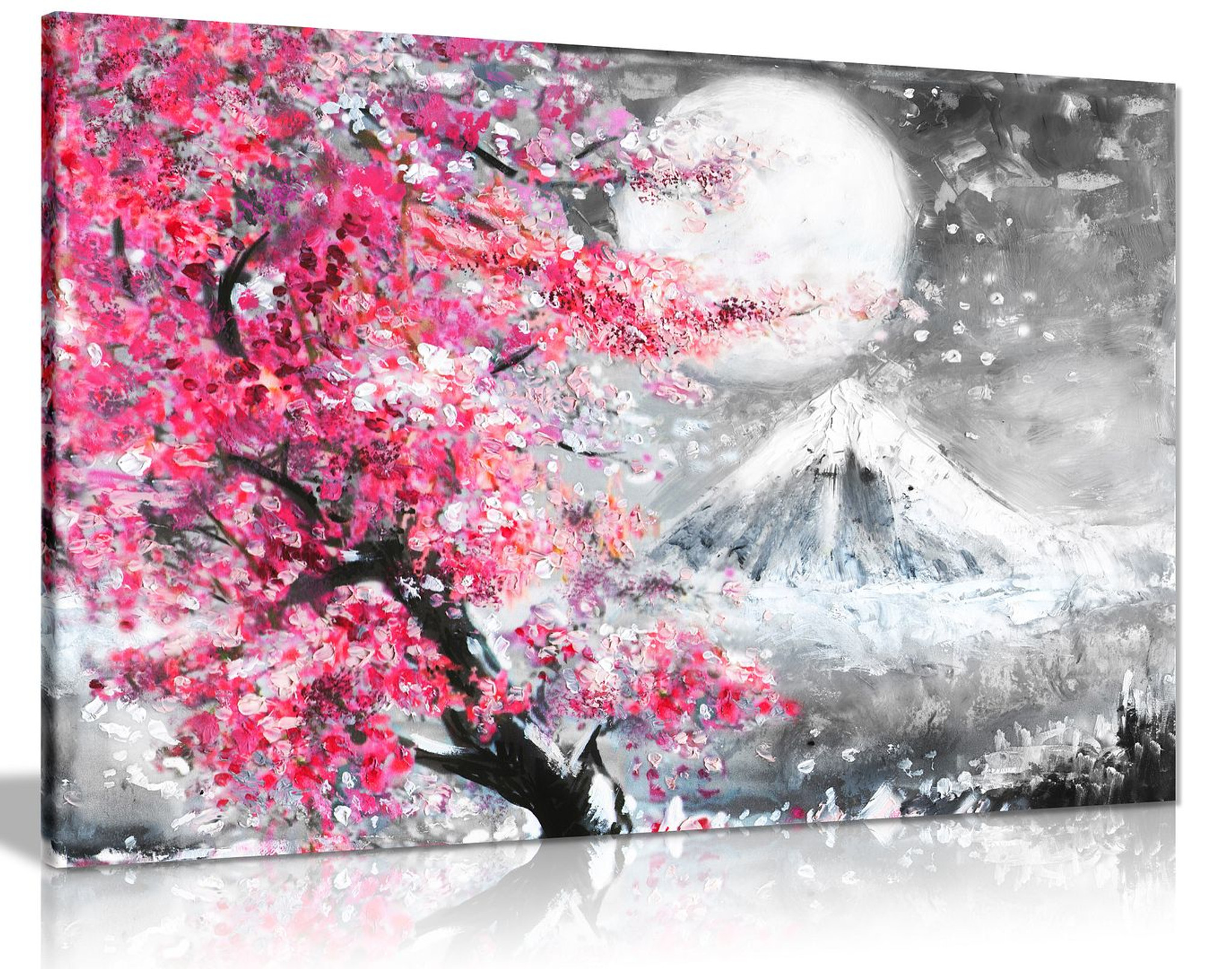Pink Black & White Oil Painting Japanese Cherry Blossom Landscape Canvas